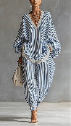 Women's Cotton-Blend Lace Trim Striped Wide-Leg Pants Set - Nordfashionstorm - Women's Clothing, Fashion for You - Nordfashionstorm.com