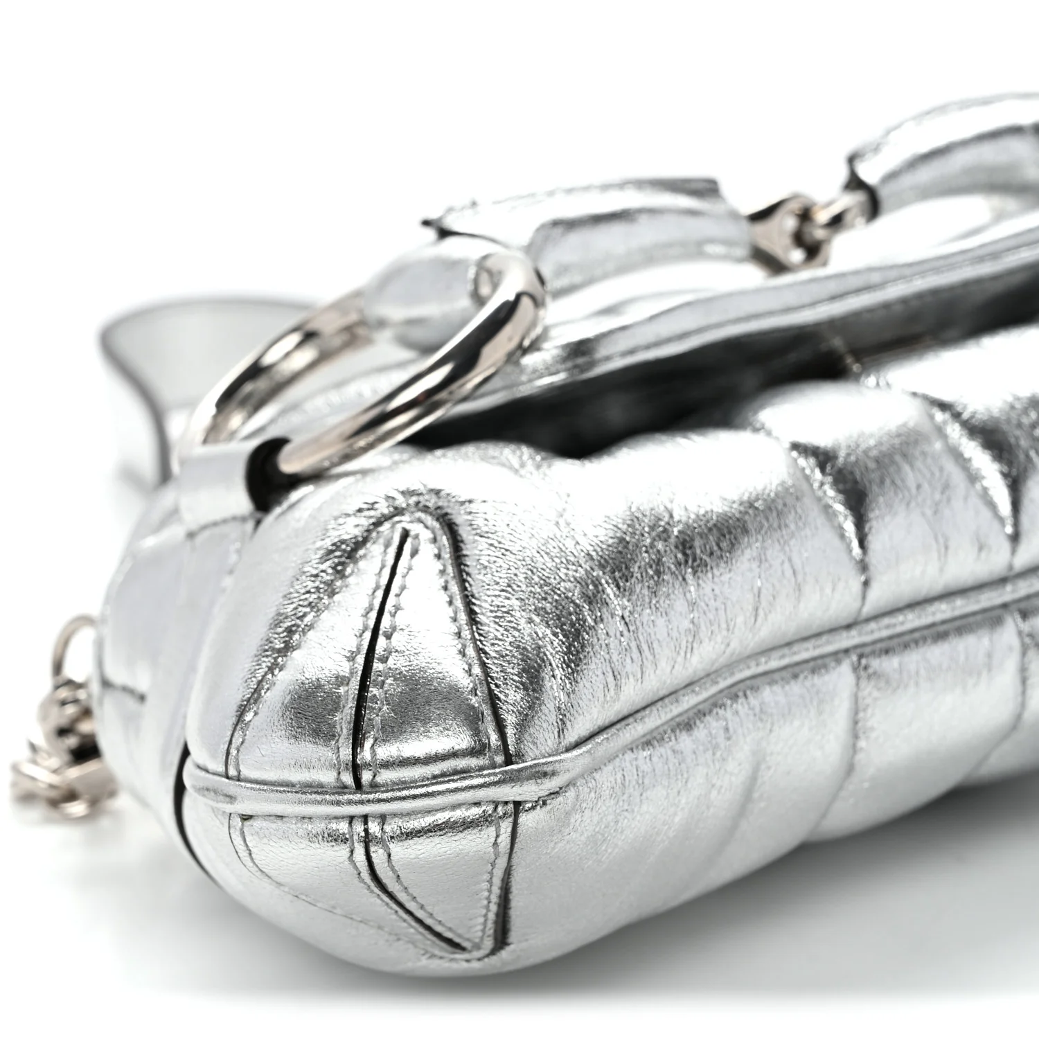 Metallic Nappa Vertical Matelasse Small Maxi Horsebit Chain Shoulder Bag Silver - Top Club