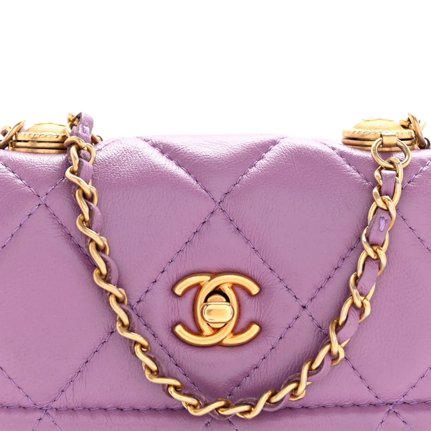 Shiny Lambskin Quilted Extra Mini Flap Purple - Top Club