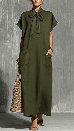 Women's Solid-color V-neck Short-sleeve Casual Loose Cotton-linen Dress - Nordfashionstorm - Women's Clothing, Fashion for You - Nordfashionstorm.com