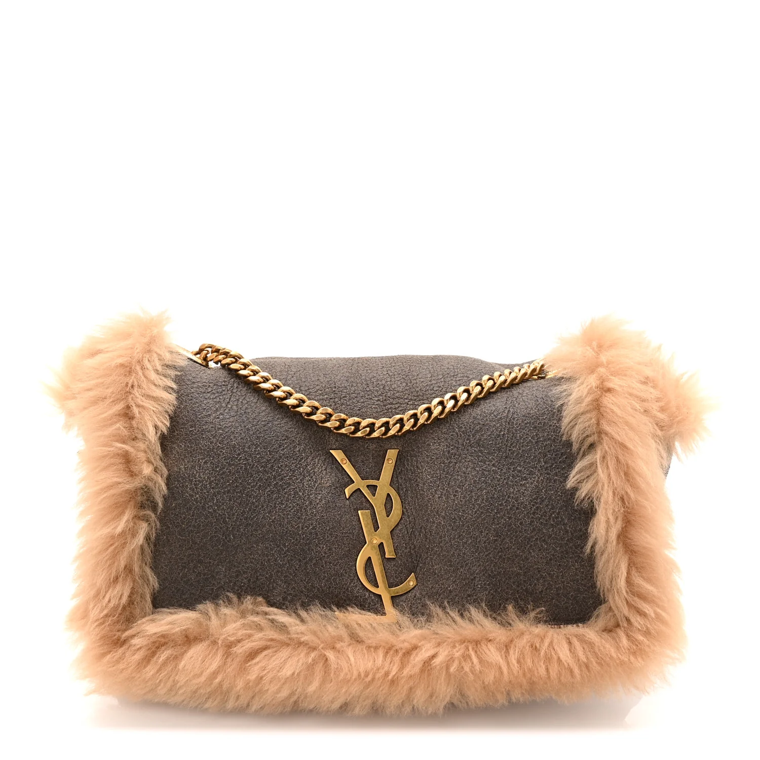 Shearling Calfskin Small Reversible Monogram Kate Satchel Ecru Dark Brown - Top Club