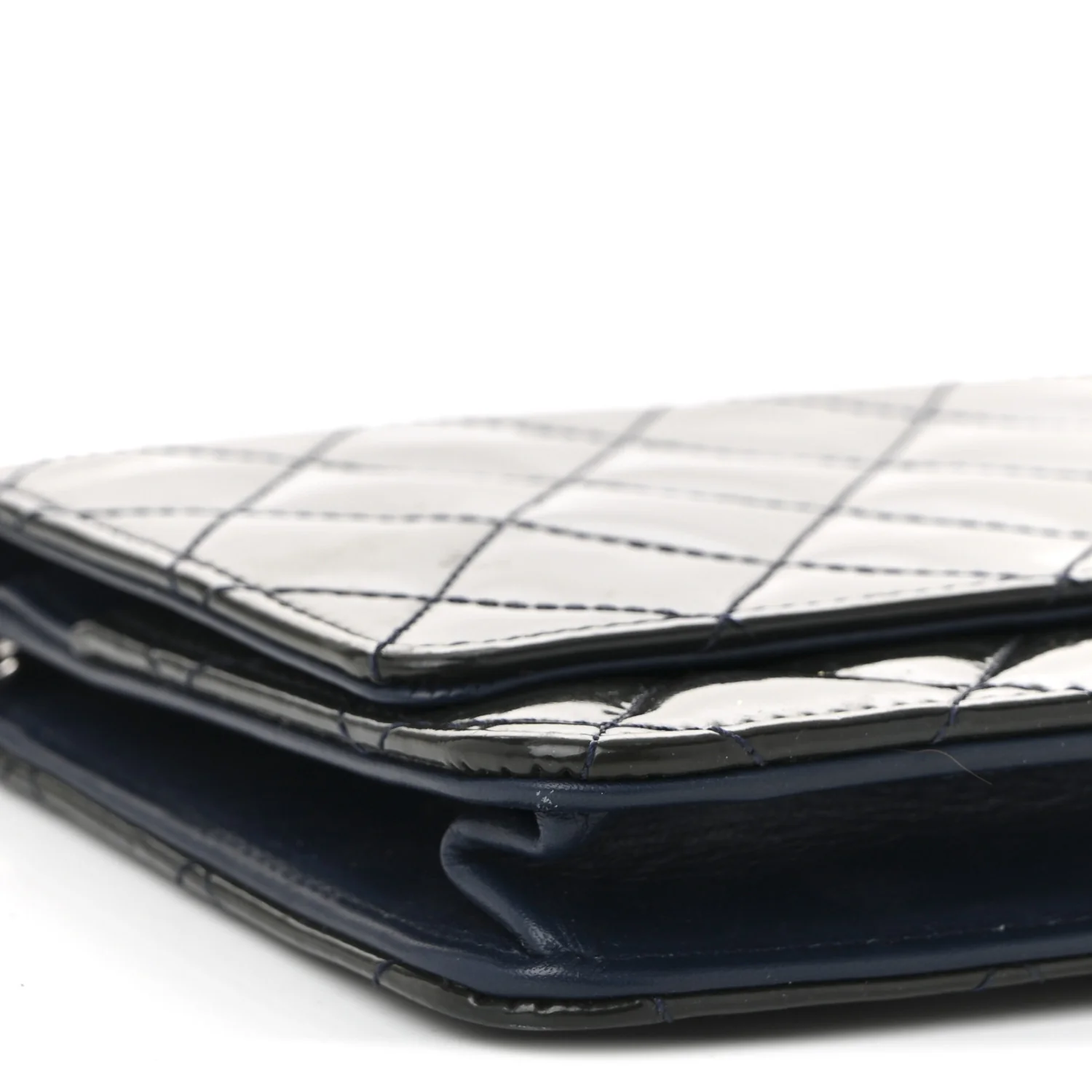 Patent Quilted Wallet On Chain WOC Navy Blue - Top Club