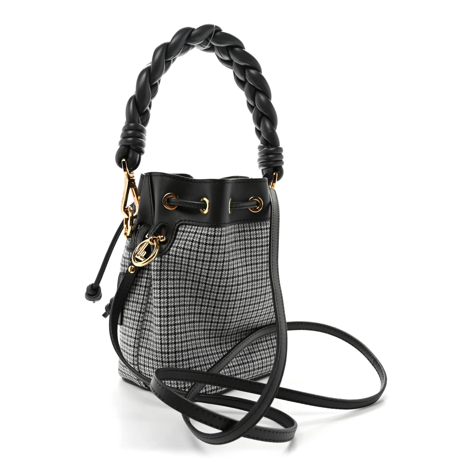 Wool Vitello Grace Small Houndstooth Mini Mon Tresor Bucket Bag Grigio Anthracite