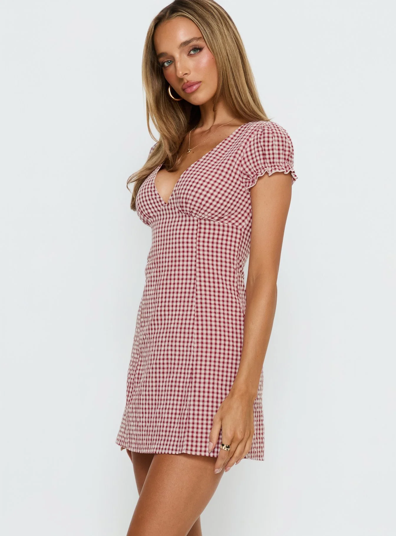 Mystee Plunge Neck Playsuit Burgundy Gingham