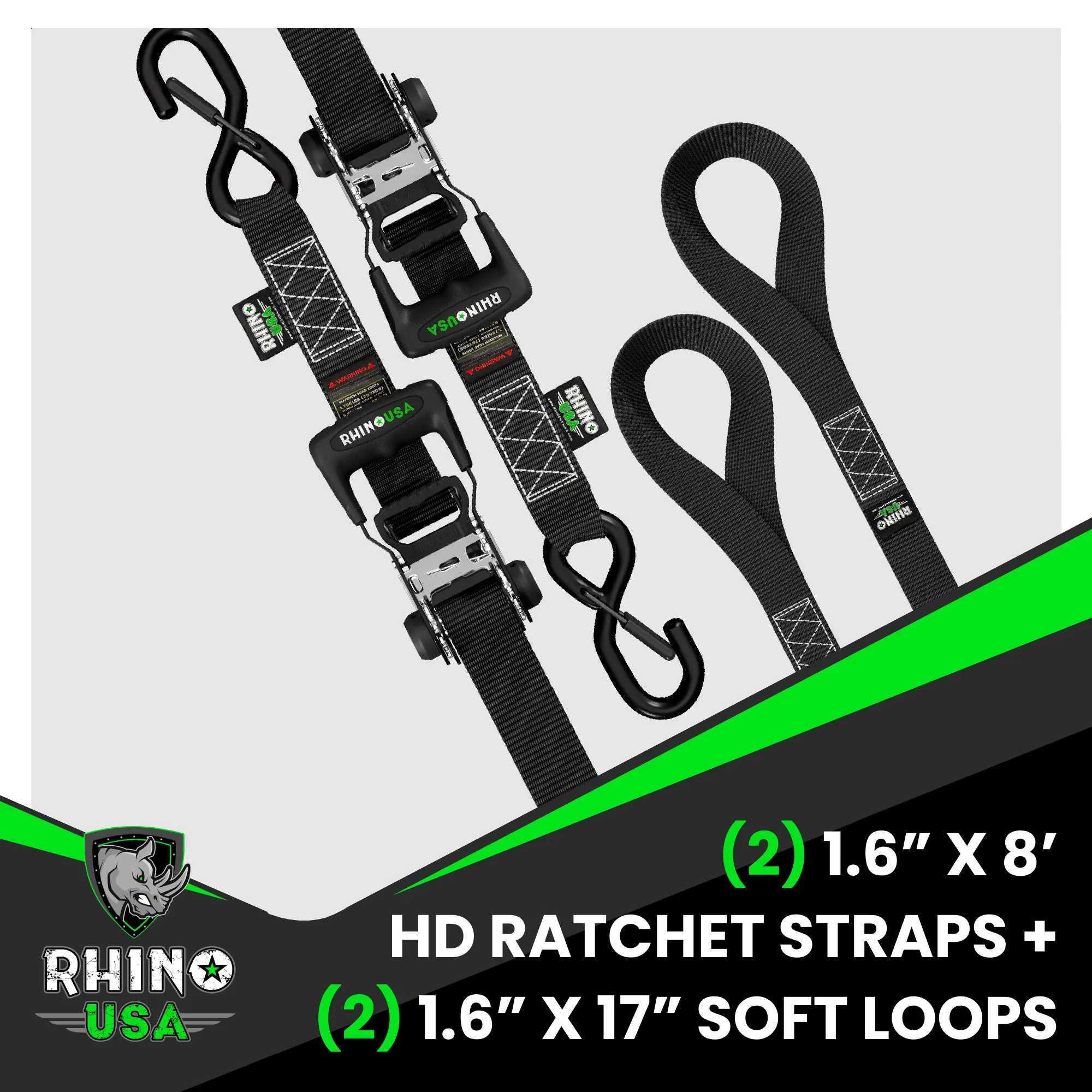 Rhino USA TRADITIONAL Ratchet Straps Heavy Duty Kit - 1.6 Inch x 8ft -15ft (5,208lb Break Strength) 2-4 pack