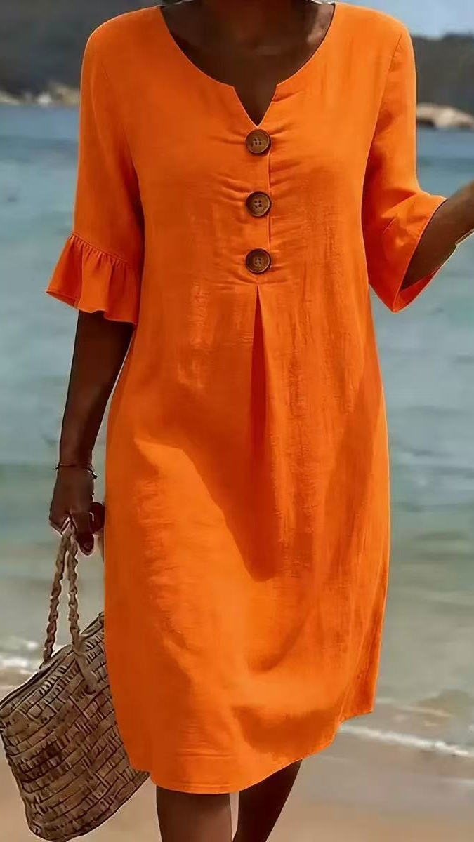 Women's Cotton-Linen Dress with V-Neck, Large Buttons, and Ruffled Sleeves - Nordfashionstorm - Women's Clothing, Fashion for You - Nordfashionstorm.com