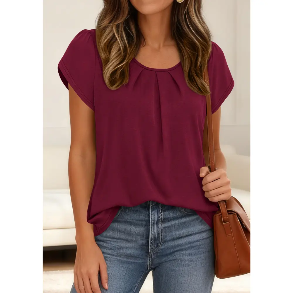 PrettyGarden Pleated Crew Neck Basic T Shirts Womens Tops Dressy Casual Summer Short Sleeve Blouses Spring Clothes#SummerVibes#DealsForYouDays