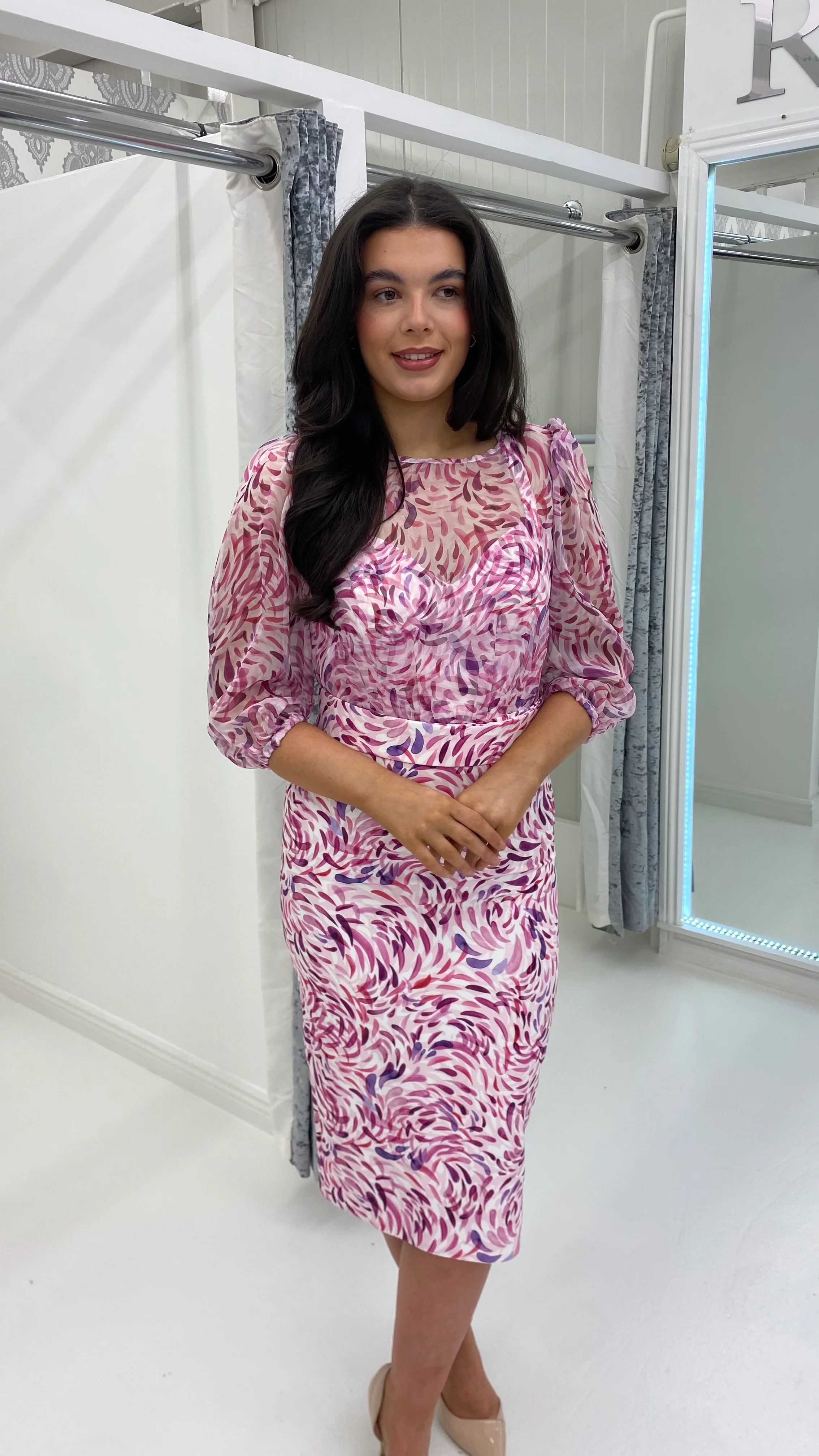Purple Printed Mesh Sleeve Midi Dress