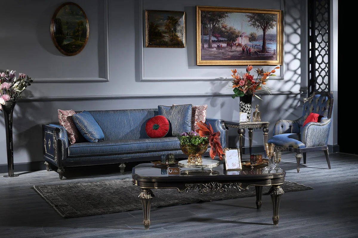 Luxury baroque coffee table blue / gold / black 131 x 85 x H. 45 cm - living room table in baroque style