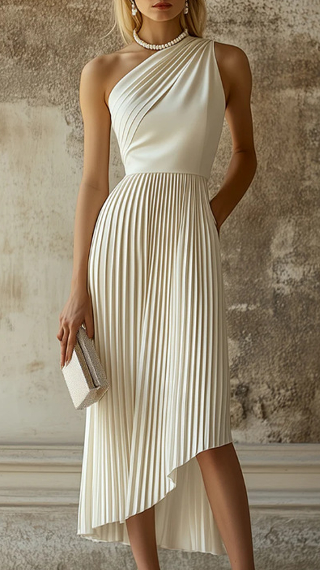 Women's Off‑White One‑Shoulder Pleated Asymmetrical Midi Dress - Nordfashionstorm - Women's Clothing, Fashion for You - Nordfashionstorm.com