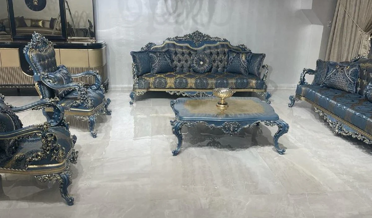 Luxury Baroque Living Room Set Blue / Gold - 2 Baroque Sofas & 2 Baroque Armchairs & 1 Baroque Coffee Table - Luxury Living Room Furniture in Baroque Style - Baroque Furniture - Noble & Ornate