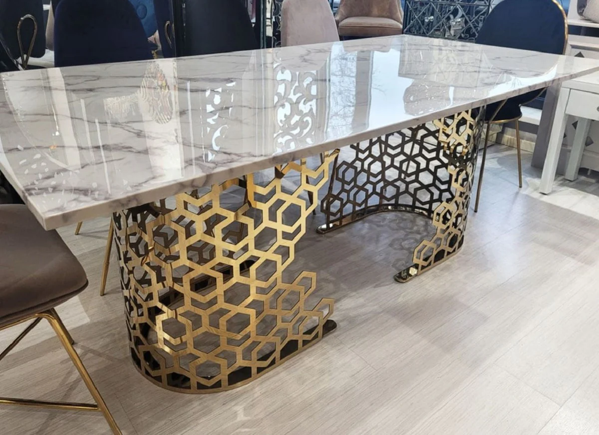 Luxury dining table white / gold 200 x 100 x H. 76 cm - Dining room table with artificial marble table top - Dining room furniture - Luxury furniture - Luxury furnishings