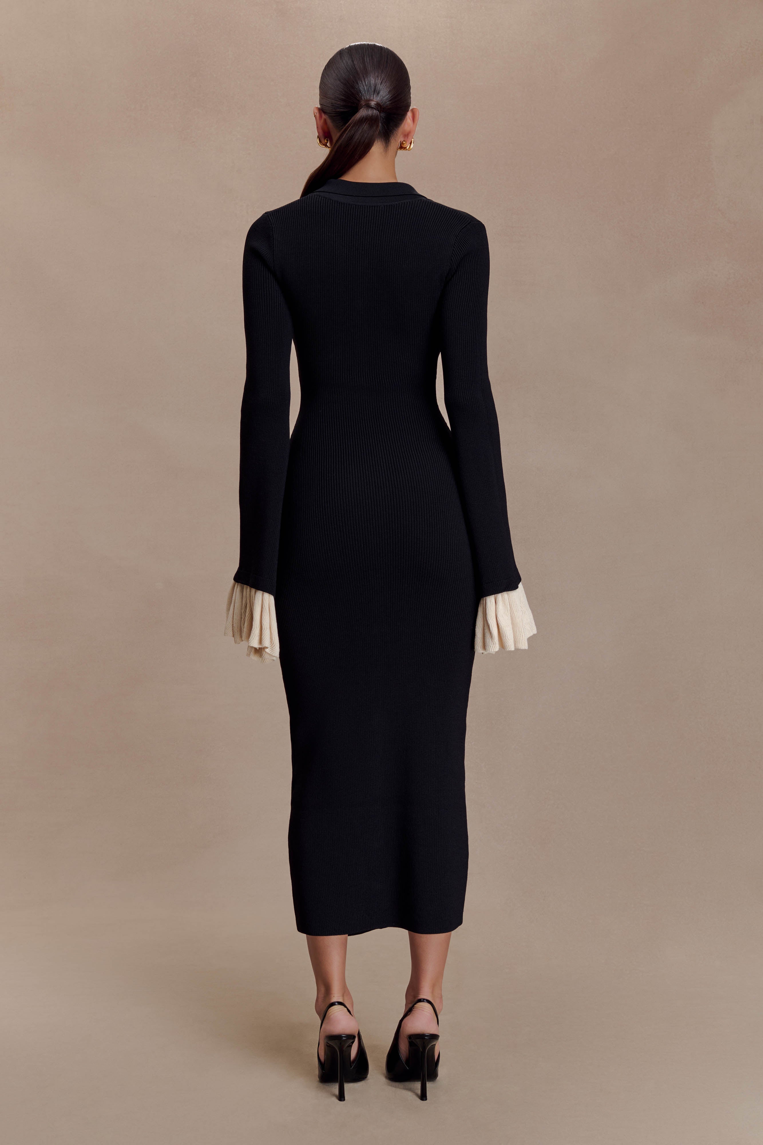 Amirose Ruffle Knit Midi Dress - Black