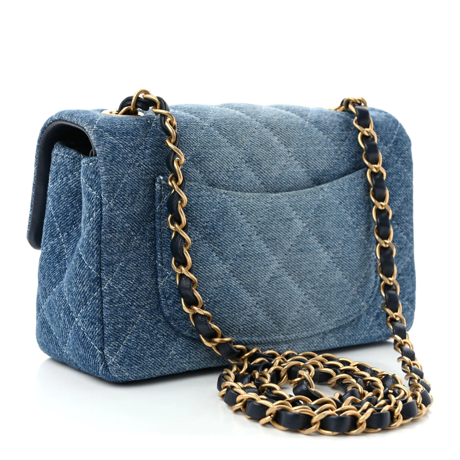 Washed Denim Quilted Mini Rectangular Flap Blue