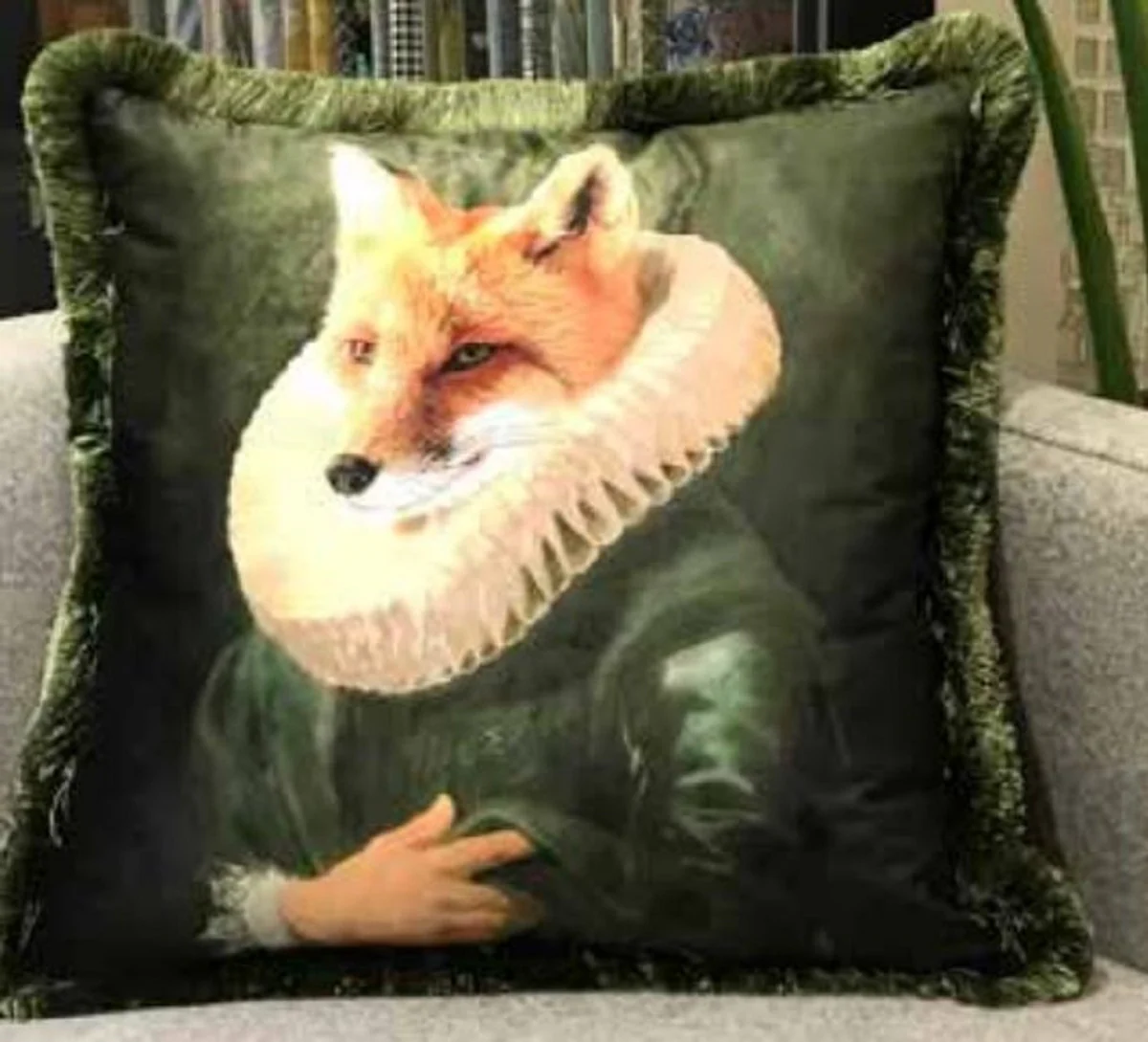 Luxury decorative cushion Sir Fox green / multicolored 45 x 45 cm - printed velvet cushion with fringes - luxury quality