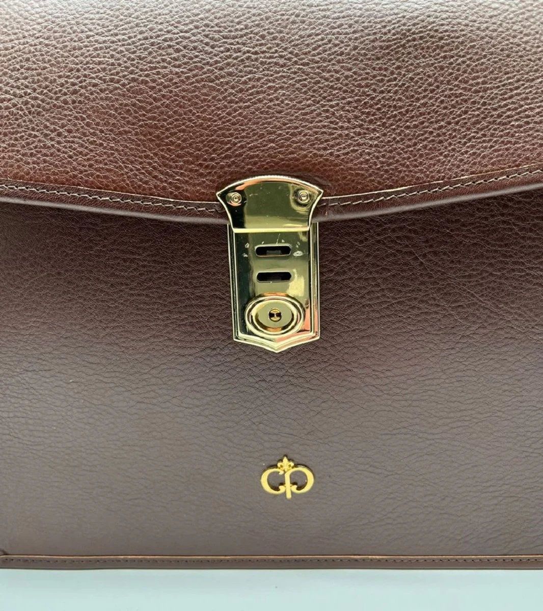 Luxury genuine leather men's briefcase dark brown / gold 42 cm - Made in Italy