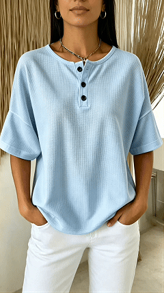 Women's Solid-Color Waffle-Knit Top with Round Neck and Front Placket - Nordfashionstorm - Women's Clothing, Fashion for You - Nordfashionstorm.com