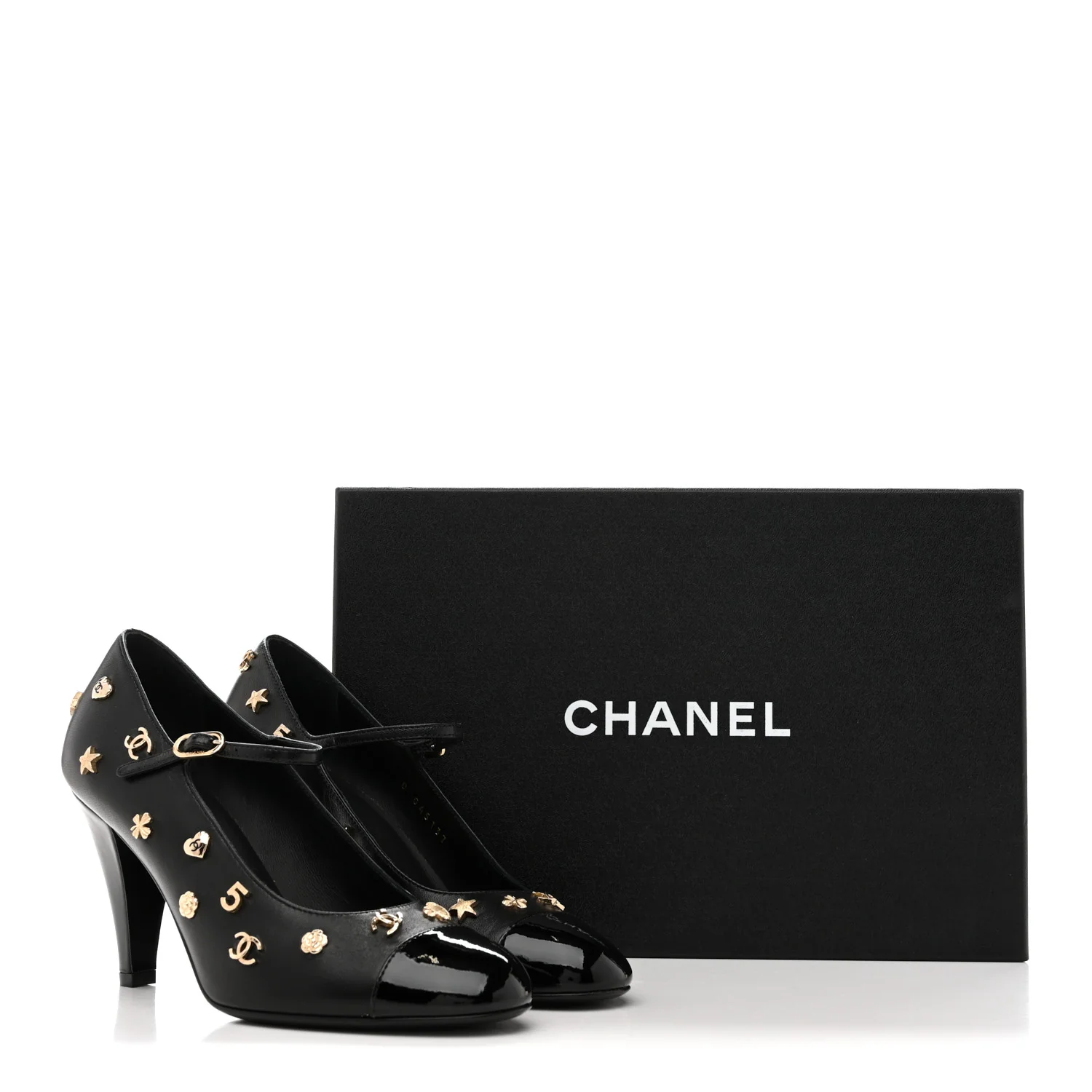 Lambskin Patent Cap Toe Charms Mary Jane Pumps 36.5 Black - Top Club
