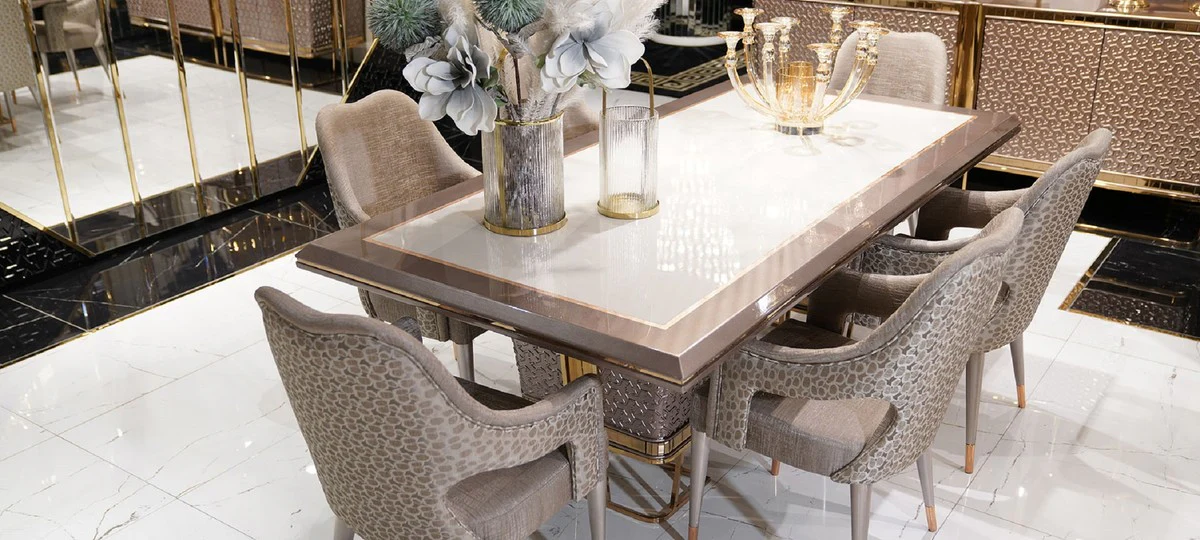 Luxury Dining Room Set White / Gray / Gold - 1 Luxury Dining Table & 6 Luxury Dining Chairs - Luxury Dining Room Furniture