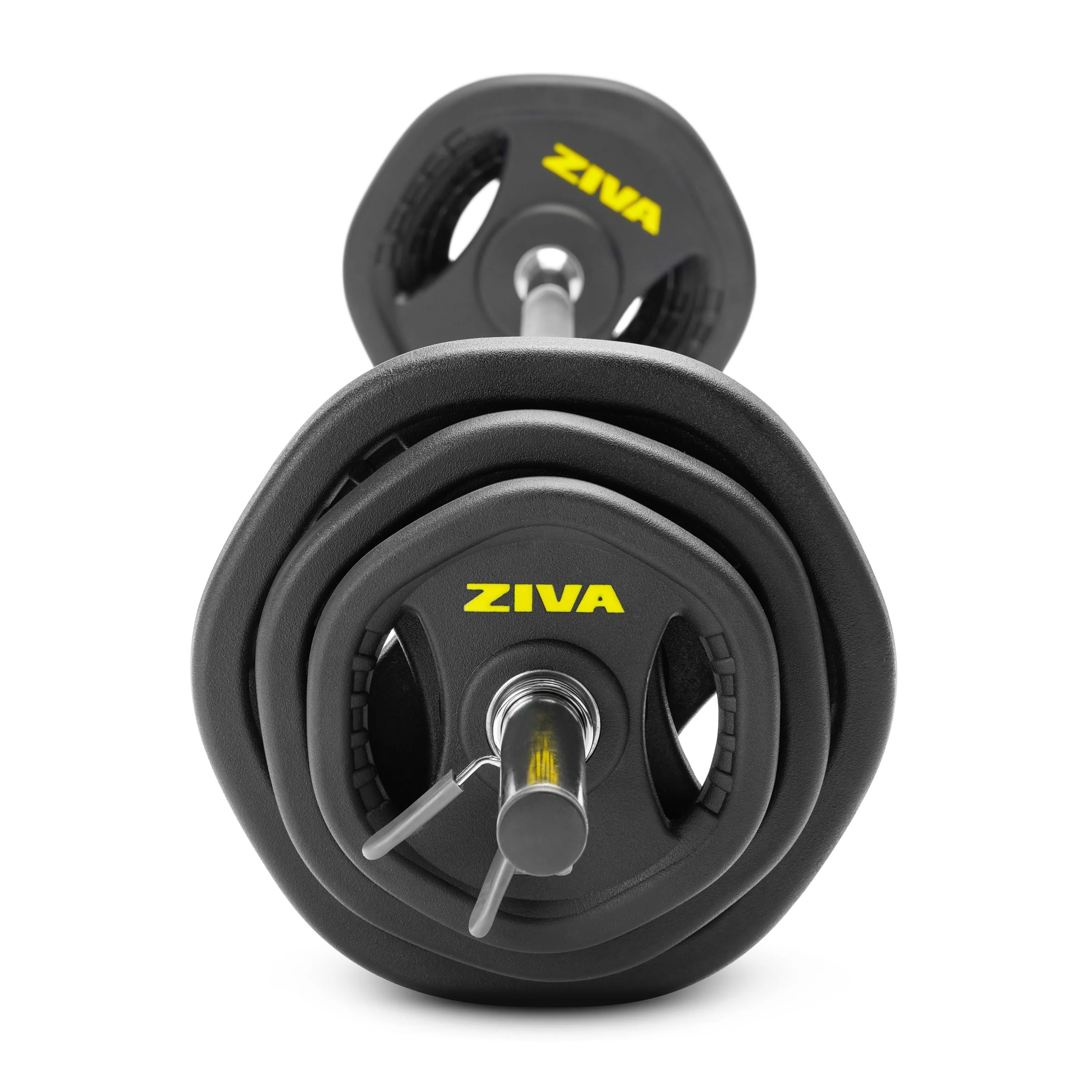 ZIVA RPU Studio Barbell Adjustable Weight Set - 6 High Grade RPU Coated Grip Plates (2 x 2.5lb, 2 x 5lb, 2 x 10lb) 1.18" D Steel Chrome Bar (55”L x 4.4lb) 2 x Spring Collars – Ships in Two Parts