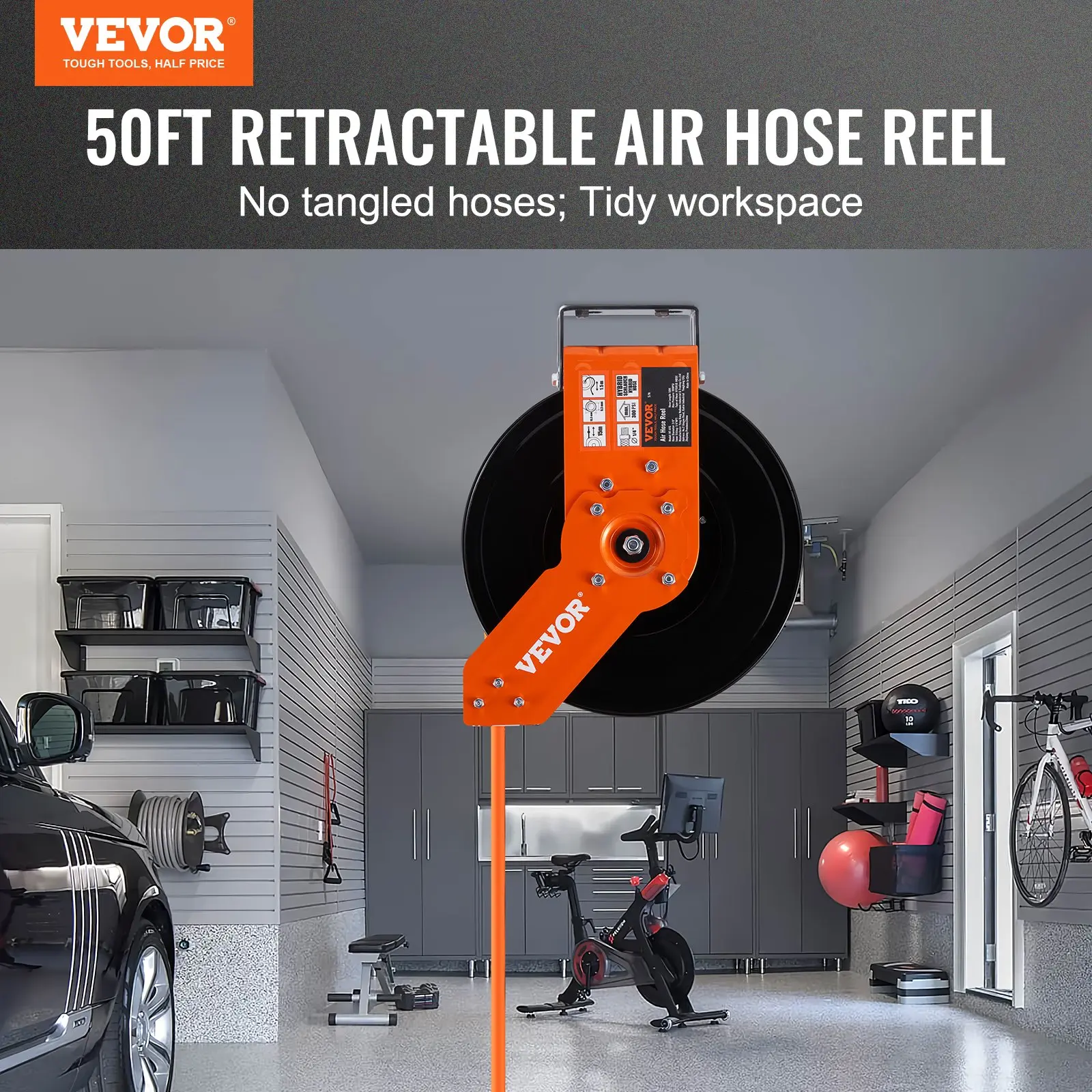 【Summerfinds】VEVOR Retractable Air Hose Reel Max100 FT 300 PSI Hybrid Air Hose Air Compressor Hose Reel with 5 ft Lead inCeiling / Wall Mount Heavy Duty Single Arm Steel Reel