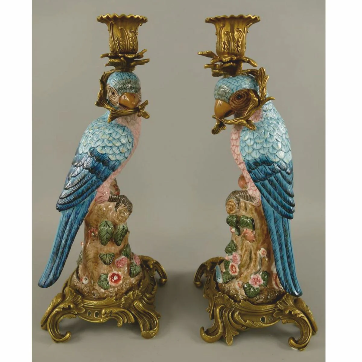 Baroque porcelain candle holder set birds blue / colorful / brass H. 37 cm