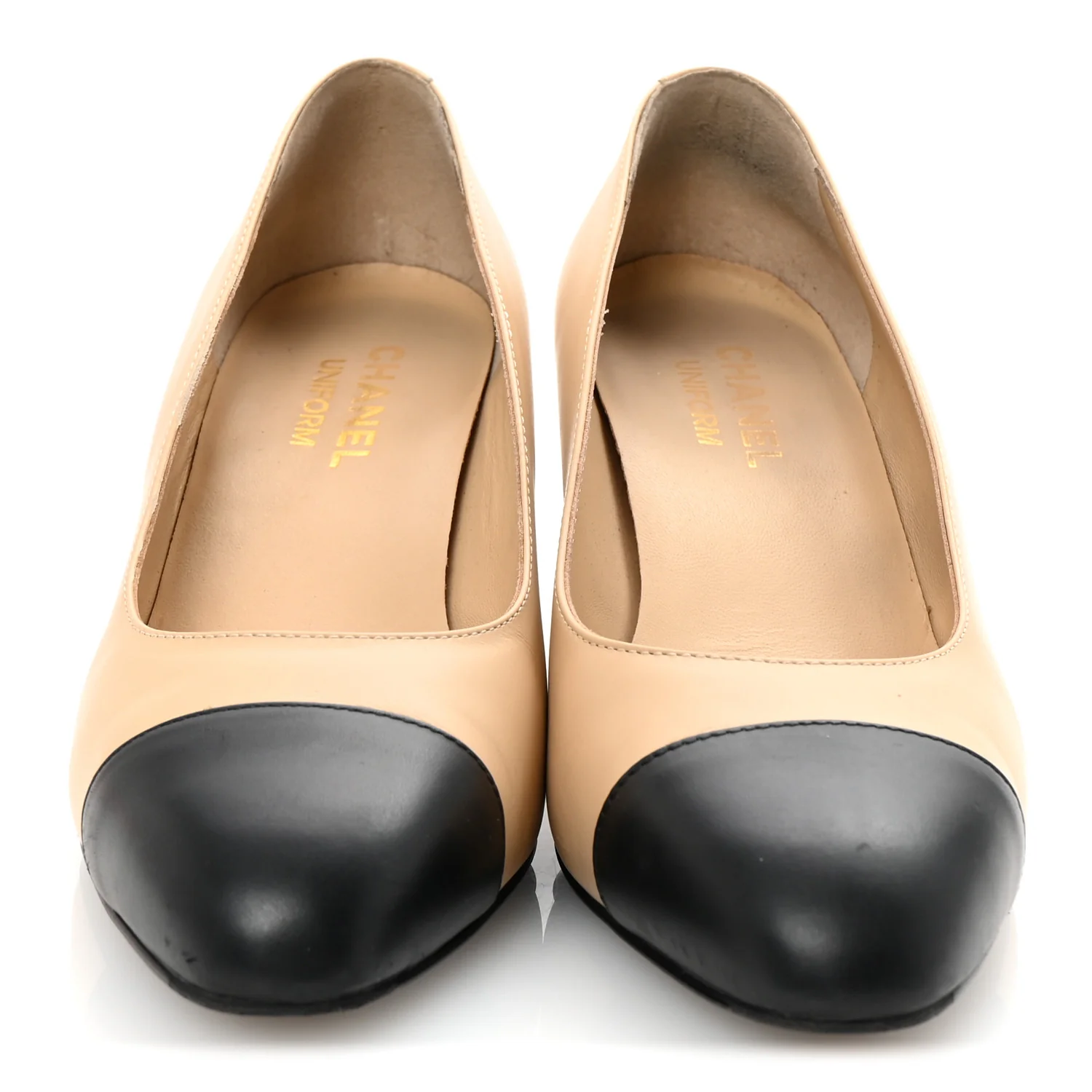 Lambskin Cap Toe CC Uniform Pumps 38 Beige Black - Top Club