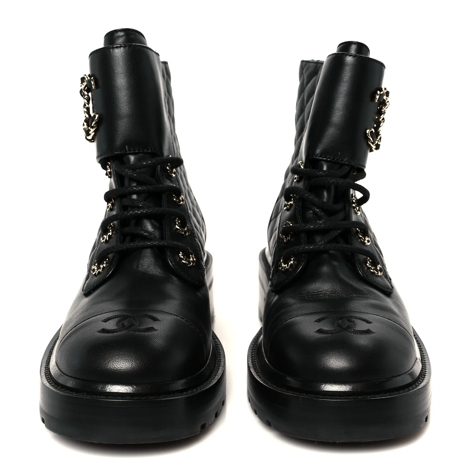 Shiny Lambskin Quilted Lace Up Combat Boots 39 Black - Top Club