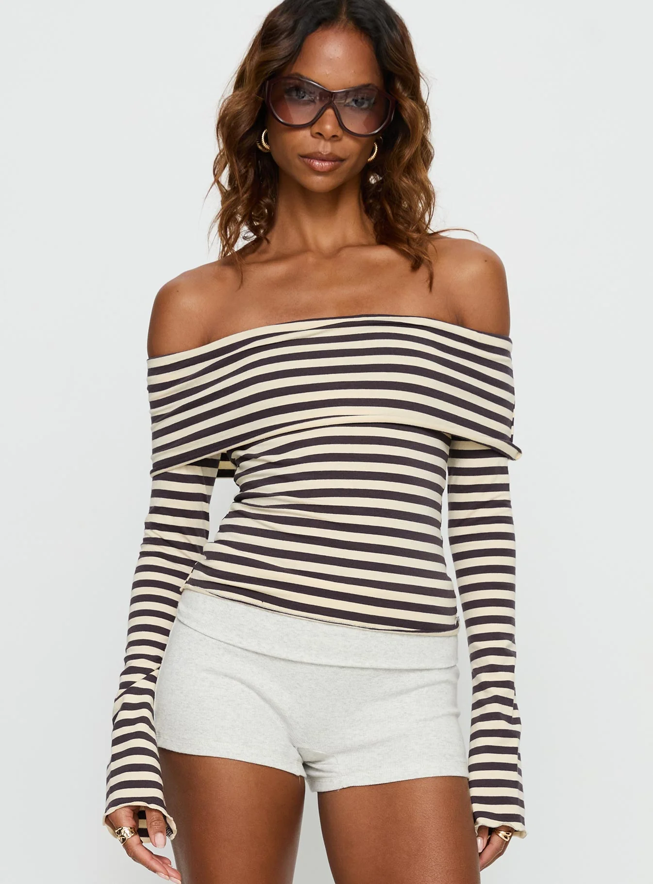 Janicia Off Shoulder Top Charcoal Stripe