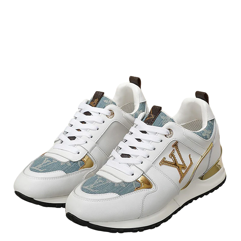 Louis Vuitton Women's White Sneakers With Blue Patterns And Gold Accents - Sneaker Replica Workshop