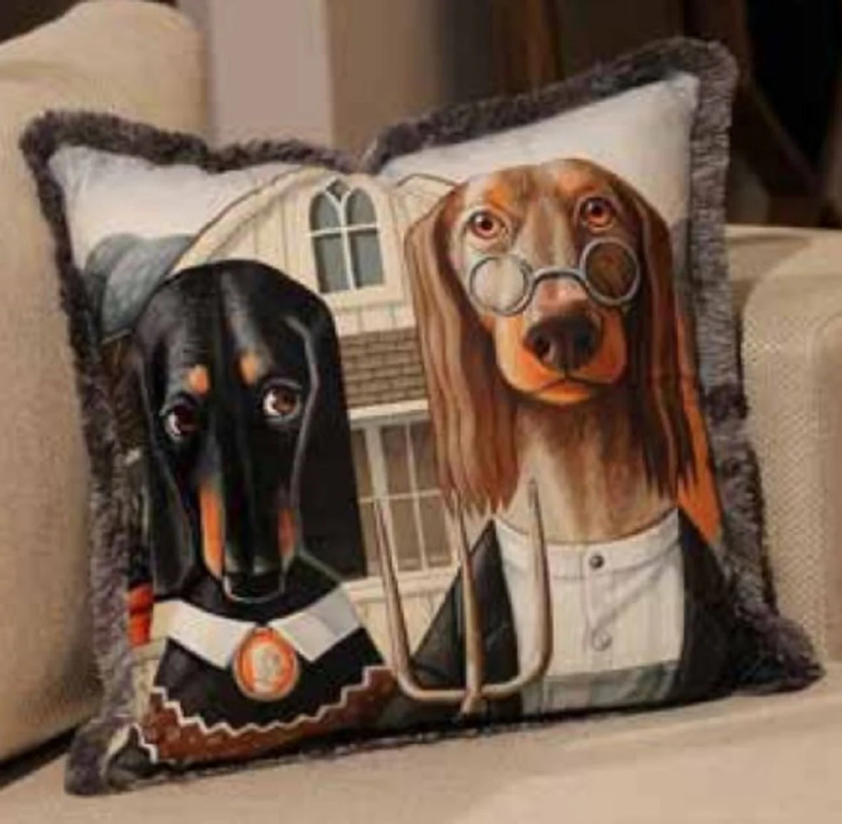Luxury decorative cushion dog couple multicolored / gray 45 x 45 cm - printed velvet cushion with fringes - luxury quality