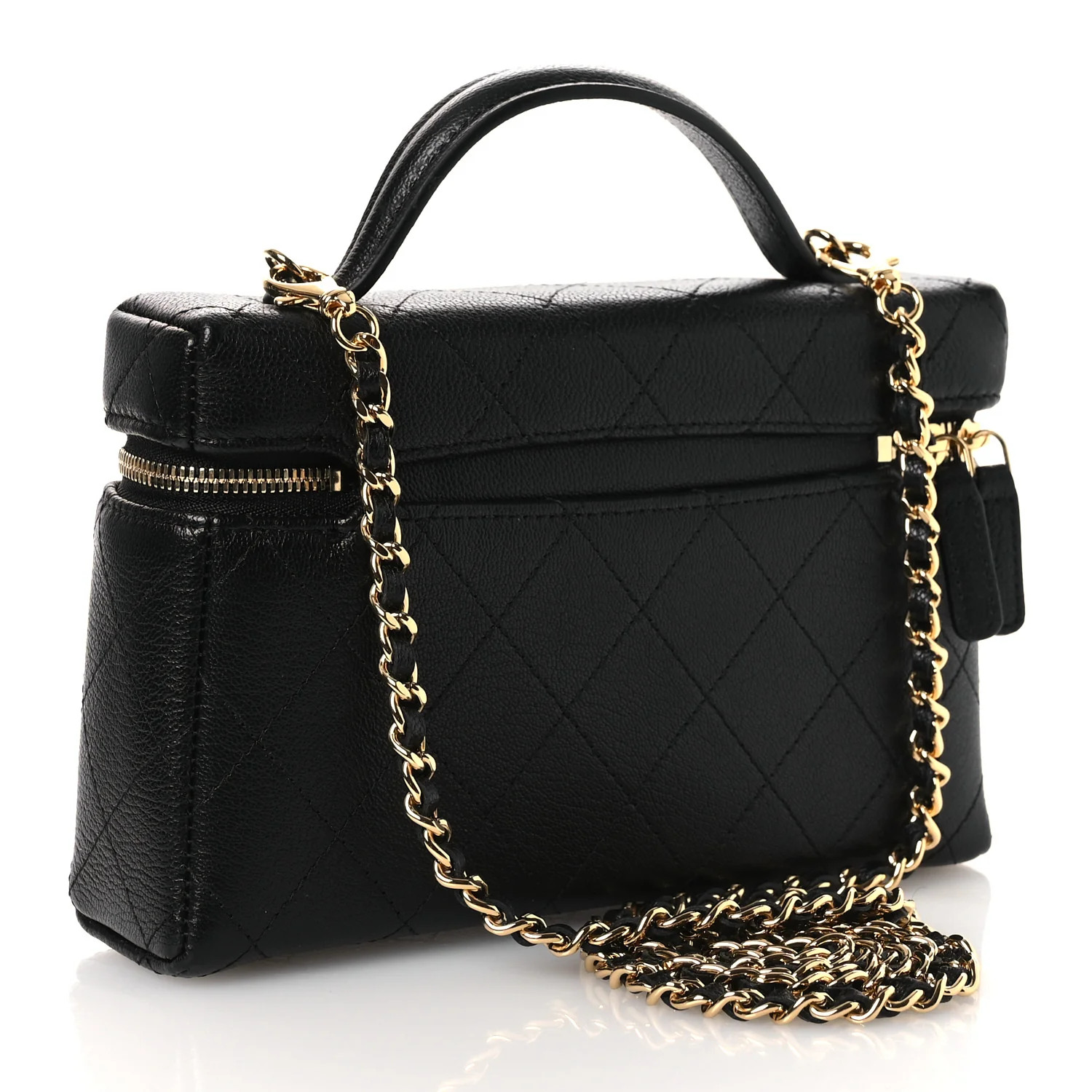 Goatskin Stitched Top Handle Slim Vanity With Chain Black