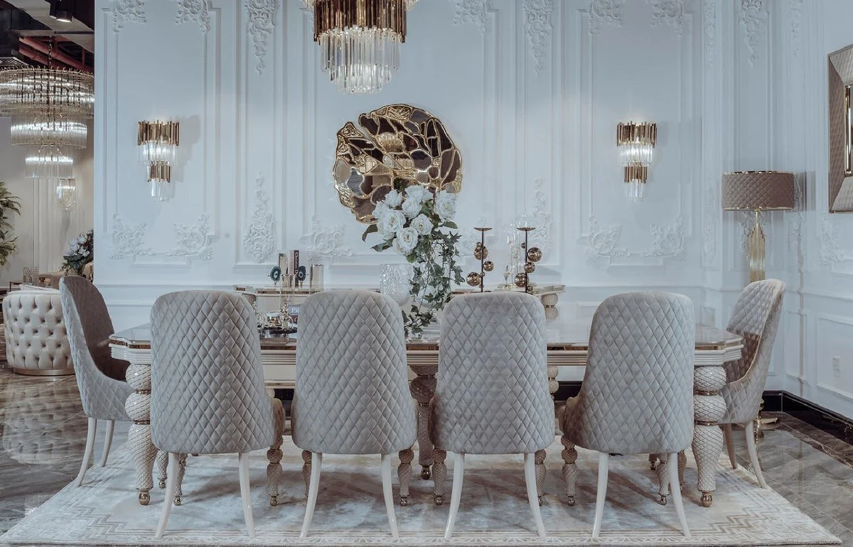 Luxury Art Deco dining table gray / white / gold 260 x 113 x H. 79 cm - Magnificent Art Deco dining room table with artificial marble table top - Art Deco dining room furniture - Luxury quality