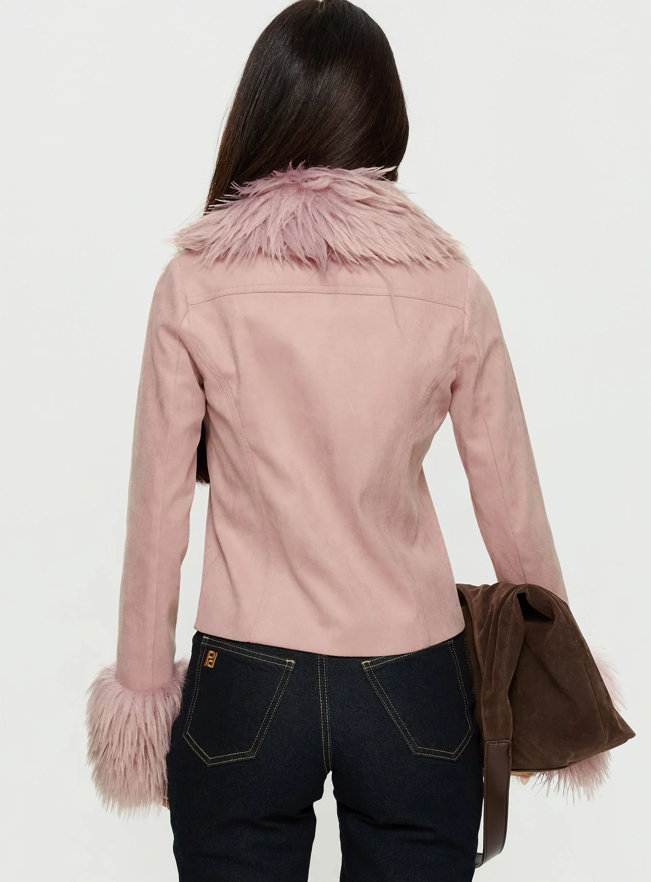 Jeanna Suede Faux Fur Detail Jacket Pink