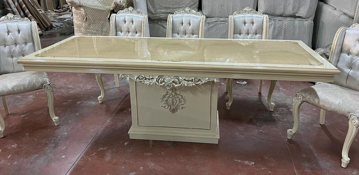 Luxury Baroque Dining Room Set Silver / Beige / White - 1 Baroque Dining Table & 6 Baroque Dining Chairs - Luxury Dining Room Furniture in Baroque Style - Magnificent Baroque Dining Room Furniture