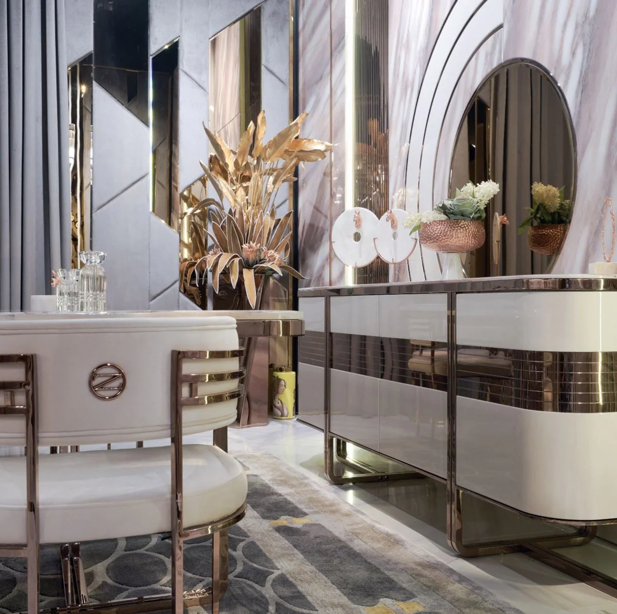 Luxury dining room set cream / white / copper - 1 luxury dining table with faux marble table top & 8 luxury dining room chairs - dining room furniture - luxury furniture - luxury furnishings