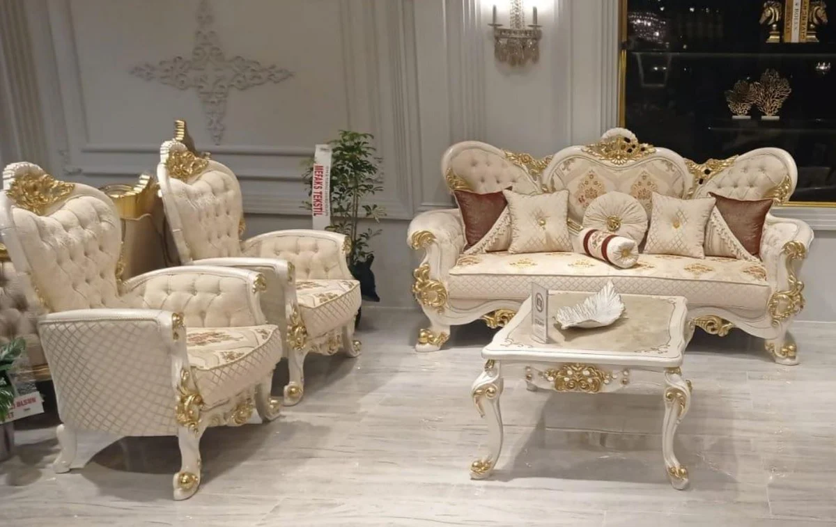 Luxury Baroque Living Room Set Beige / White / Gold - 2 Baroque Sofas with Pattern & 2 Baroque Armchairs with Pattern & 1 Baroque Coffee Table - Magnificent Baroque Living Room Furniture