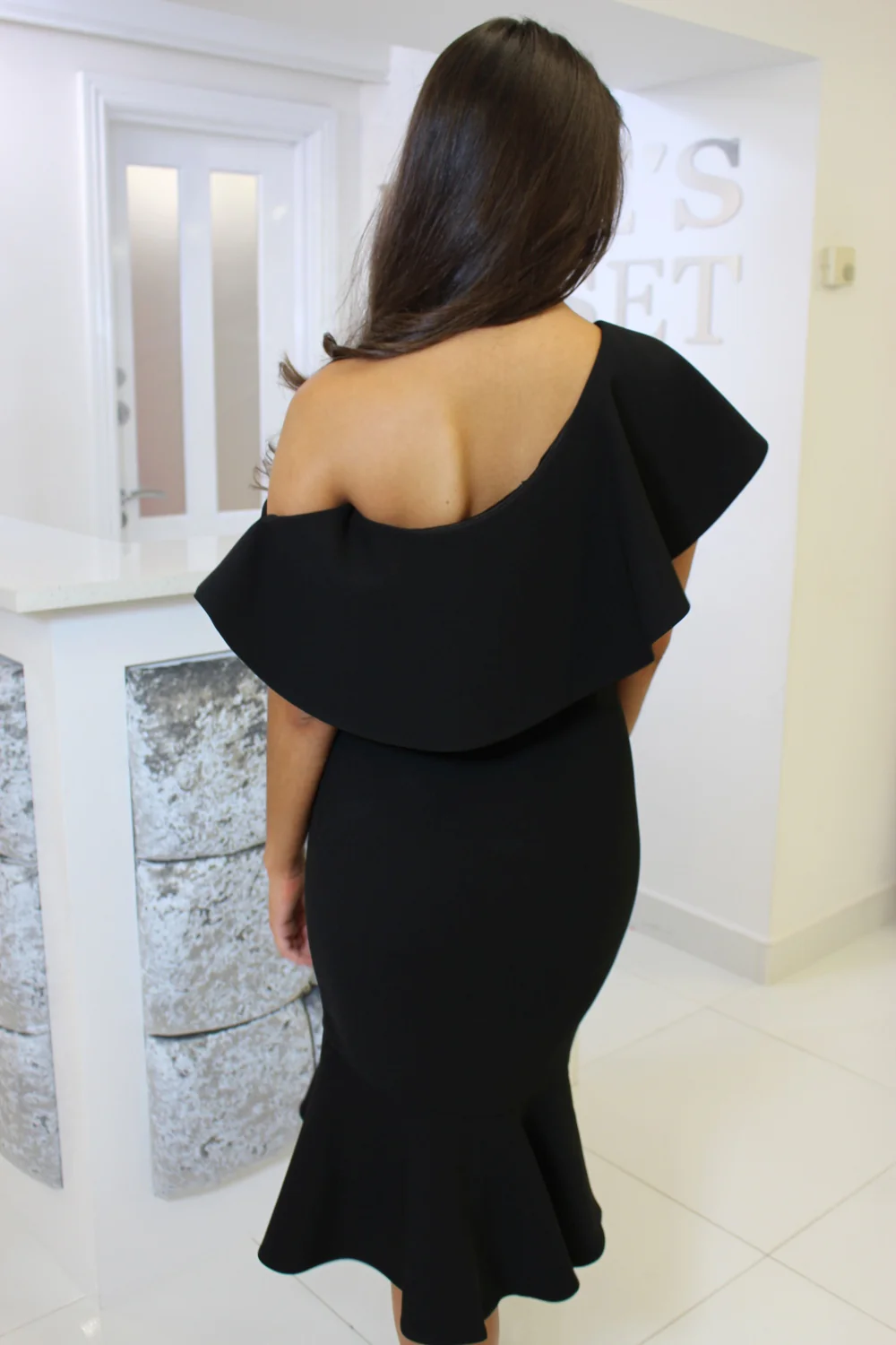 Black One Shoulder Frill Midi Dress