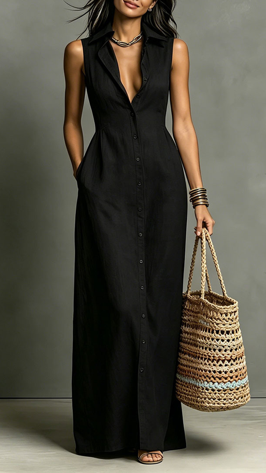 Women's Cotton‑blend Collared Sleeveless Single‑breasted Waist‑cinched Maxi Dress - Nordfashionstorm - Women's Clothing, Fashion for You - Nordfashionstorm.com
