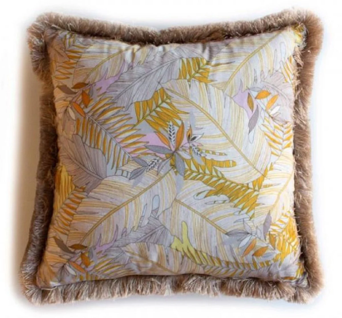 Luxury decorative cushion leaves design multicolored / brown 45 x 45 cm - printed velvet cushion with fringes - decorative accessories