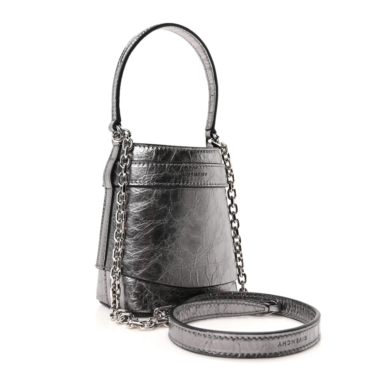 Laminated Lambskin Micro Shark Lock Bucket Bag Silvery Grey - Top Club
