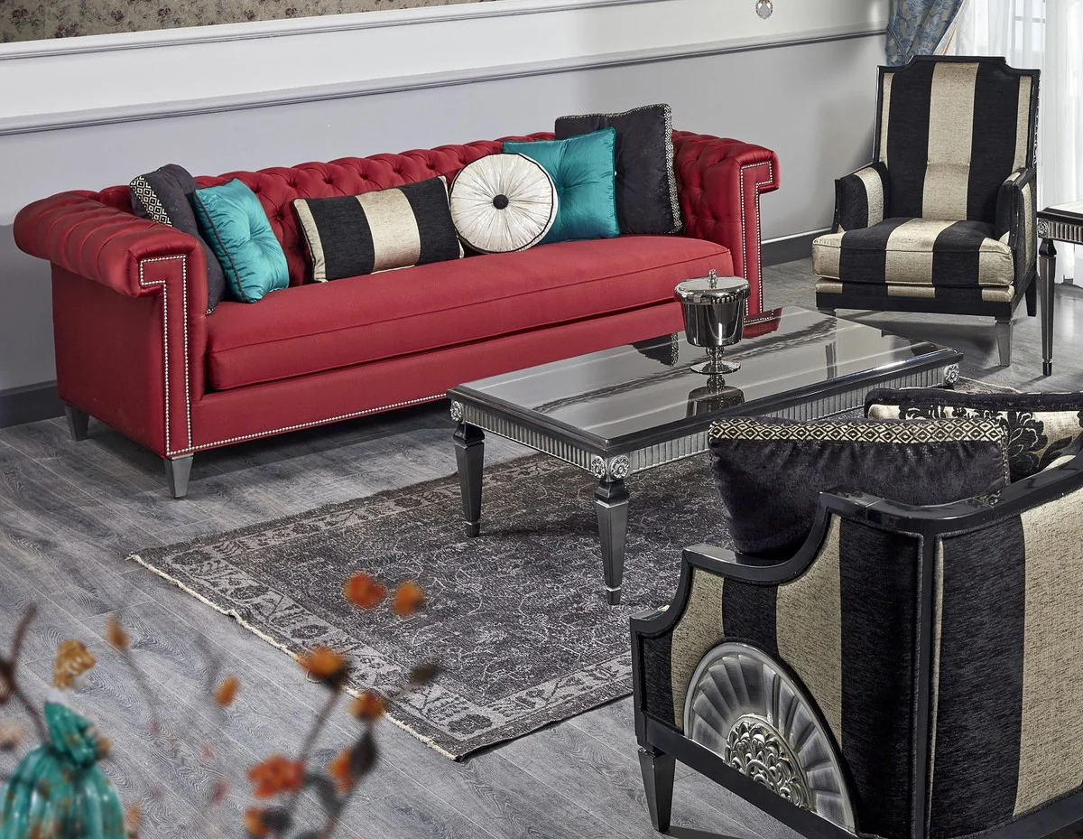 Luxury Baroque Living Room Set Red / Black / Gold / Silver - 2 Sofas & 2 Armchairs & 1 Coffee Table & 1 Side Table - Baroque Living Room Furniture