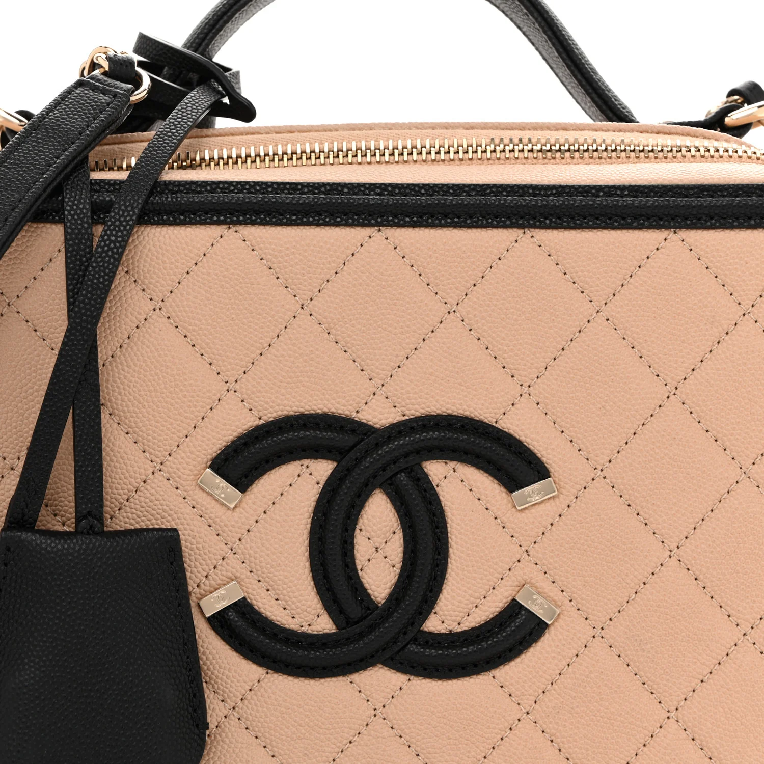 Caviar Quilted Large CC Filigree Vanity Case Beige Black - Top Club