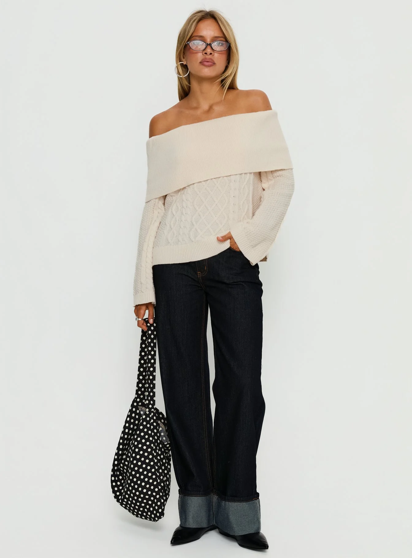 Margarete Off Shoulder Knit Sweater Cream