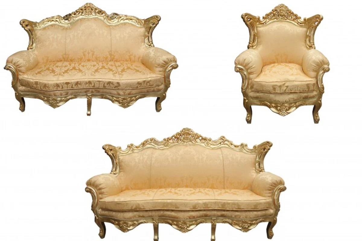 Baroque living room set gold flowers pattern/ gold - 3-seater sofa + 2-seater sofa + 1 armchair