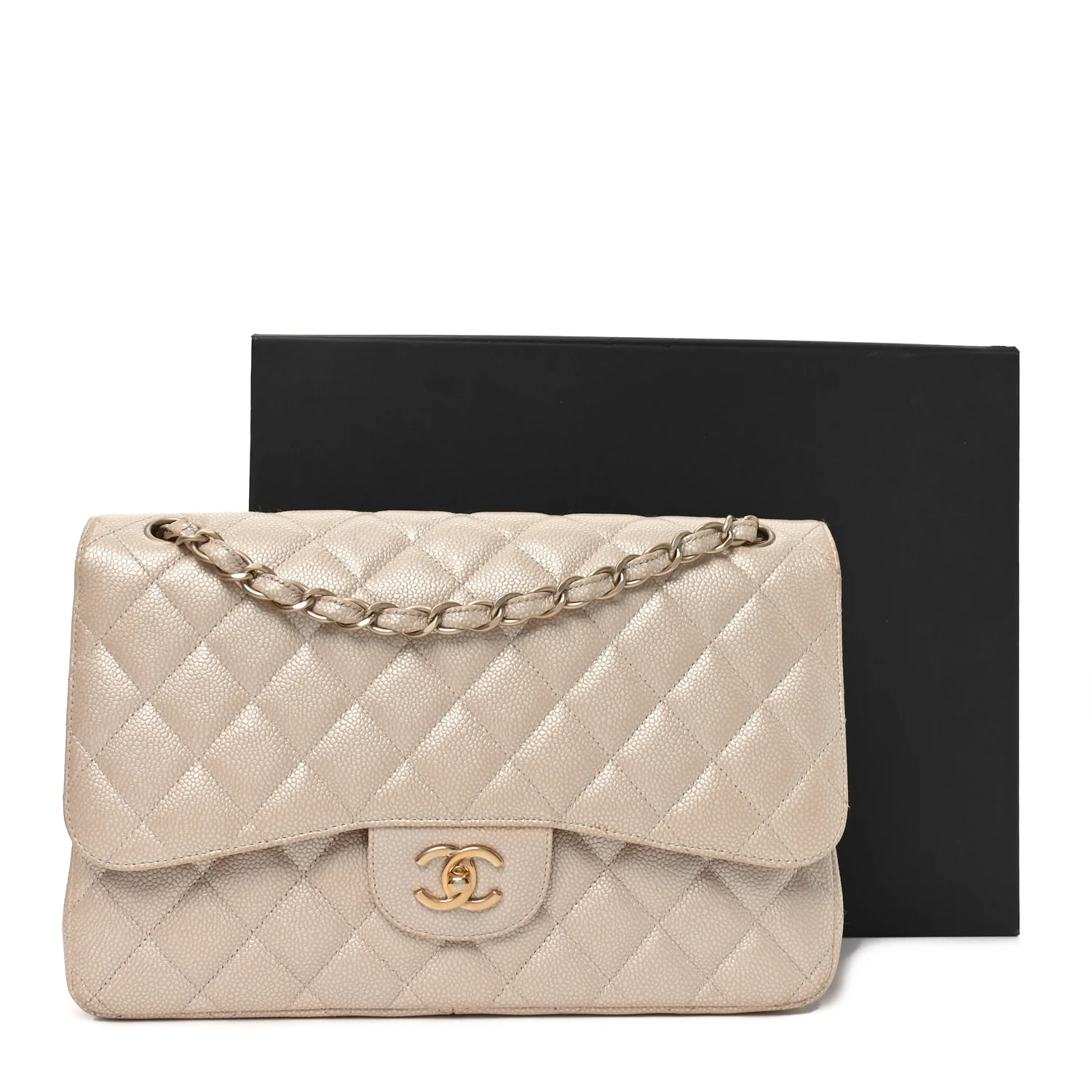 Iridescent Caviar Quilted Jumbo Double Flap Beige - Top Club
