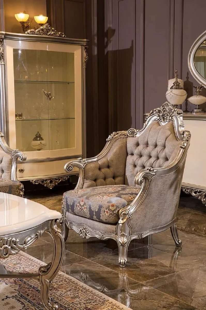 Luxury baroque living room set gray / blue / silver - 2 baroque sofas & 2 baroque armchairs & 1 baroque coffee table - living room furniture in baroque style - baroque furniture - baroque furnishings