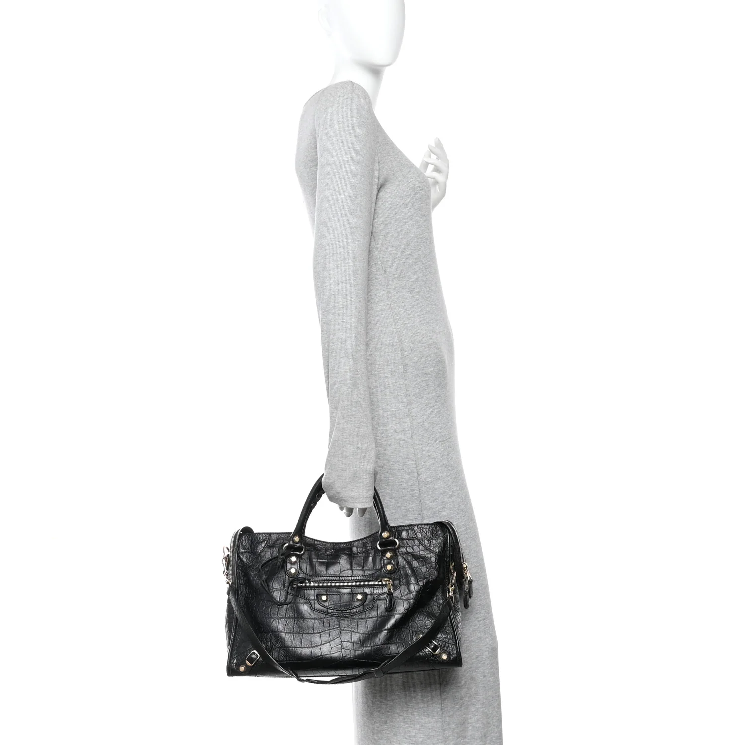 Calfskin Crocodile Embossed Giant 12 Gold Hardware City Black