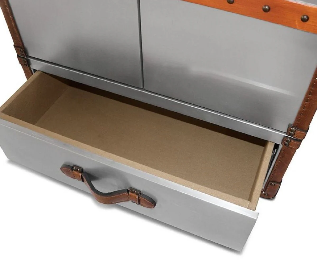 Luxury wine cabinet silver / brown 63 x 52 x H. 130 cm - aluminum suitcase cabinet with real leather - bar cabinet in suitcase design - luxury bar furniture