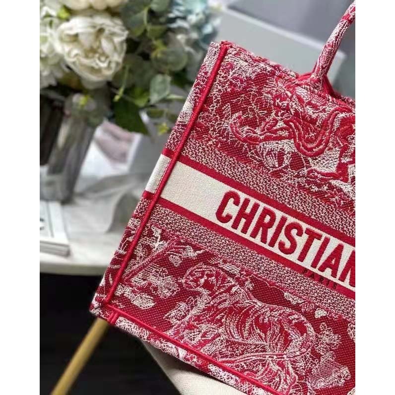 CD Unisex Medium Book Tote Burgundy Toile De Jouy Stripes Embroidery - Top Club